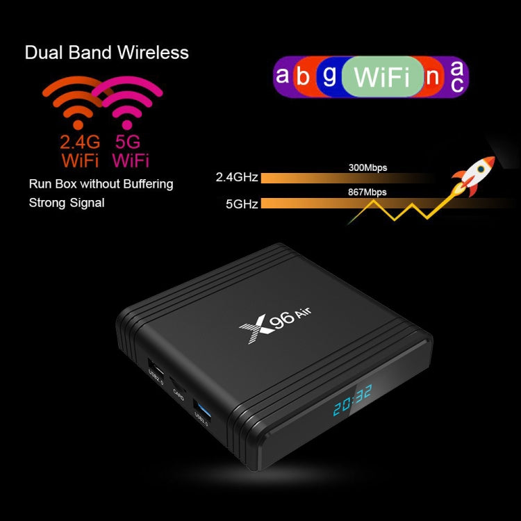 X96 Air 8K Smart TV BOX Android 9.0 Media Player with Remote Control, Quad-core Amlogic S905X3, RAM: 2GB, ROM: 16GB, Dual Band WiFi, US Plug