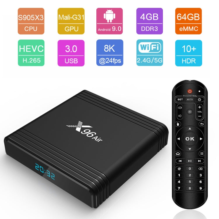X96 Air 8K Smart TV BOX Android 9.0 Media Player with Remote Control, Quad-core Amlogic S905X3, RAM: 4GB, ROM: 64GB, Dual Band WiFi, Bluetooth, EU Plug - Amlogic S905 by PMC TechLife | Online Shopping South Africa | PMC TechLife | Buy Now Pay Later Mobicred