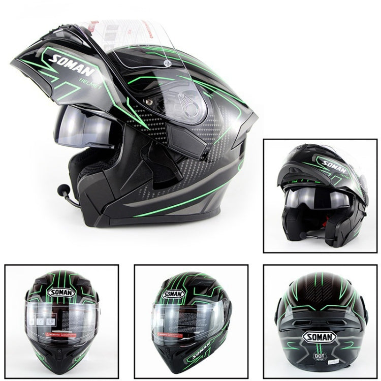 Soman 955 Skyeye Motorcycle Full / Open Face Bluetooth Helmet Headset Full Face, Supports Answer / Hang Up Calls(Black Green) - free shipping - PMC Jewellery - Order now!