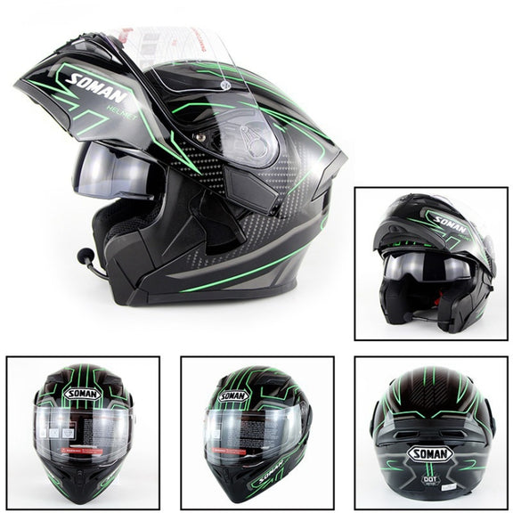 Soman 955 Skyeye Motorcycle Full / Open Face Bluetooth Helmet Headset Full Face, Supports Answer / Hang Up Calls(Black Green)