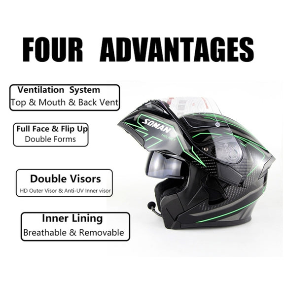 Soman 955 Skyeye Motorcycle Full / Open Face Bluetooth Helmet Headset Full Face, Supports Answer / Hang Up Calls(Black Green)