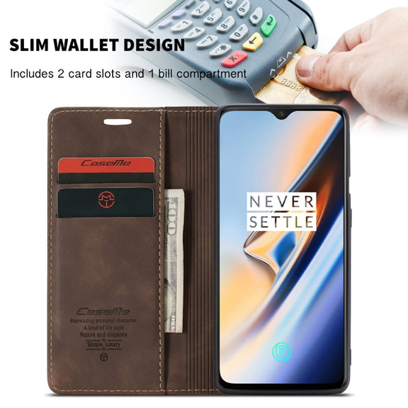 CaseMe-013 Multi-functional Retro Frosted Horizontal Flip Leather Case with Card Slot & Holder & Wallet For OnePlus 7(Coffee)