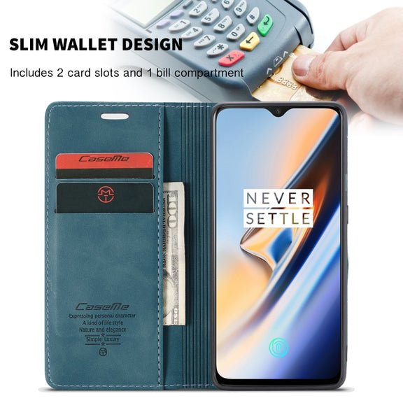 CaseMe-013 Multi-functional Retro Frosted Horizontal Flip Leather Case with Card Slot & Holder & Wallet For OnePlus 7(Blue)