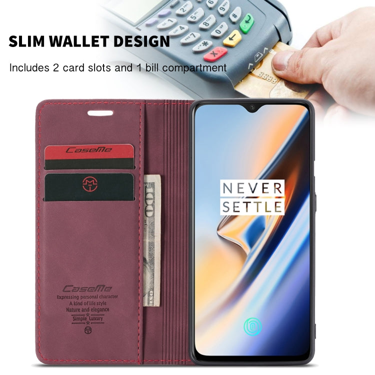 CaseMe-013 Multi-functional Retro Frosted Horizontal Flip Leather Case with Card Slot & Holder & Wallet For OnePlus 7(Wine Red)
