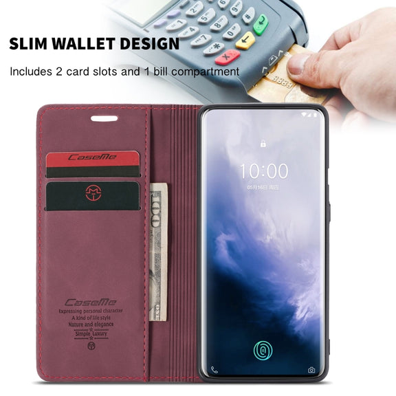 CaseMe-013 Multi-functional Retro Frosted Horizontal Flip Leather Case with Card Slot & Holder & Wallet For OnePlus 7 Pro(Wine Red)