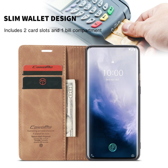 CaseMe-013 Multi-functional Retro Frosted Horizontal Flip Leather Case with Card Slot & Holder & Wallet For OnePlus 7 Pro(Brown)