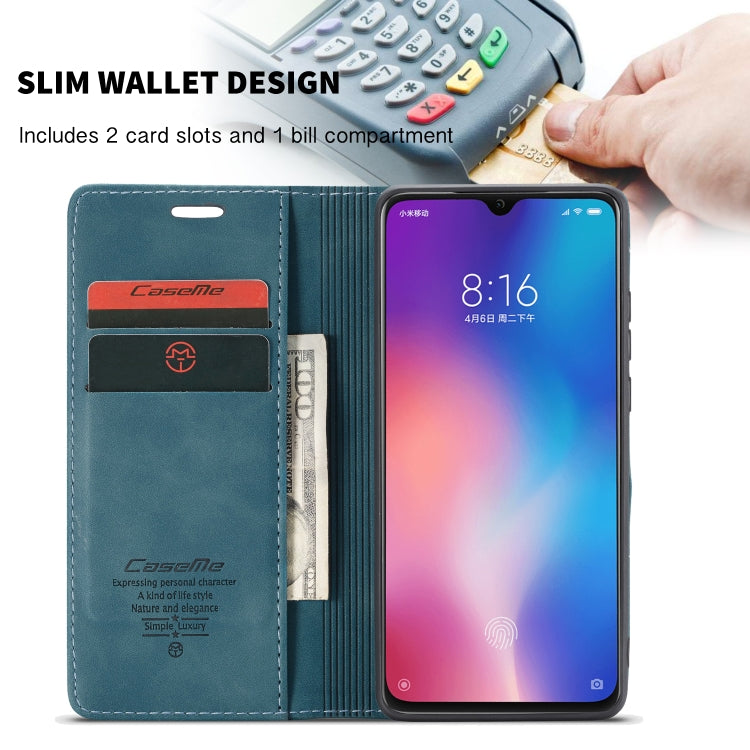 CaseMe-013 Multi-functional Retro Frosted Horizontal Flip Leather Case with Card Slot & Holder & Wallet For Xiaomi Mi 9(Blue)