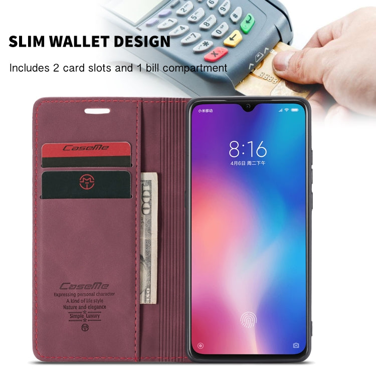 CaseMe-013 Multi-functional Retro Frosted Horizontal Flip Leather Case with Card Slot & Holder & Wallet For Xiaomi Mi 9(Wine Red)