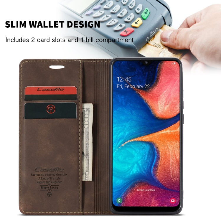 CaseMe-013 Multi-functional Retro Frosted Horizontal Flip Leather Case with Card Slot & Holder & Wallet For Galaxy A20e(Coffee)