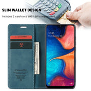 CaseMe-013 Multi-functional Retro Frosted Horizontal Flip Leather Case with Card Slot & Holder & Wallet For Galaxy A20e(Blue)