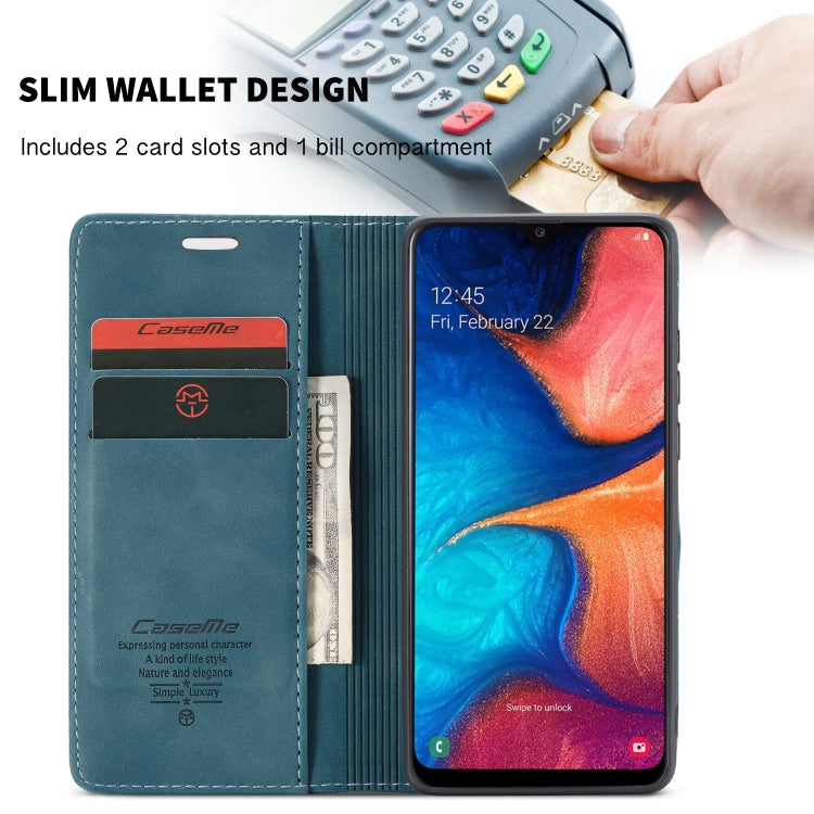 CaseMe-013 Multi-functional Retro Frosted Horizontal Flip Leather Case with Card Slot & Holder & Wallet For Galaxy A20e(Blue)