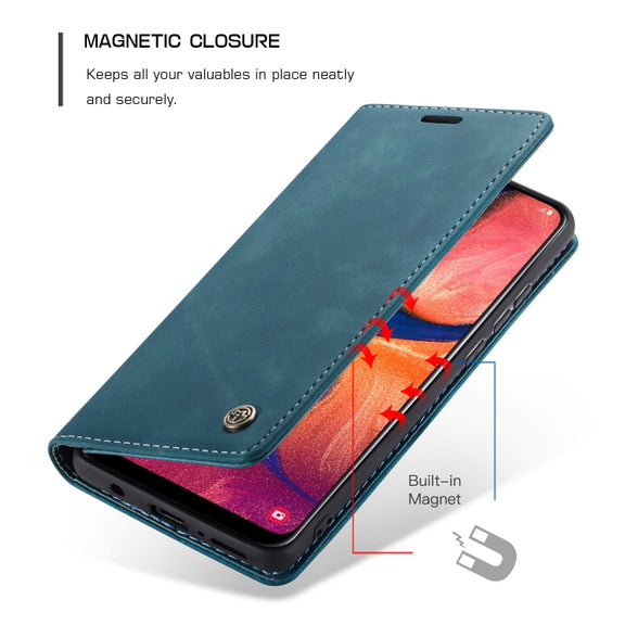 CaseMe-013 Multi-functional Retro Frosted Horizontal Flip Leather Case with Card Slot & Holder & Wallet For Galaxy A20e(Blue)