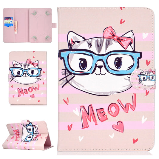 Colored Pattern Drawing Horizontal Flip PU Leather Case with Three-folding Holder for 10 inch Tablet PC(Glasses cat) - 10 - 11 inch by PMC Jewellery | Online Shopping South Africa | PMC Jewellery | Buy Now Pay Later Mobicred
