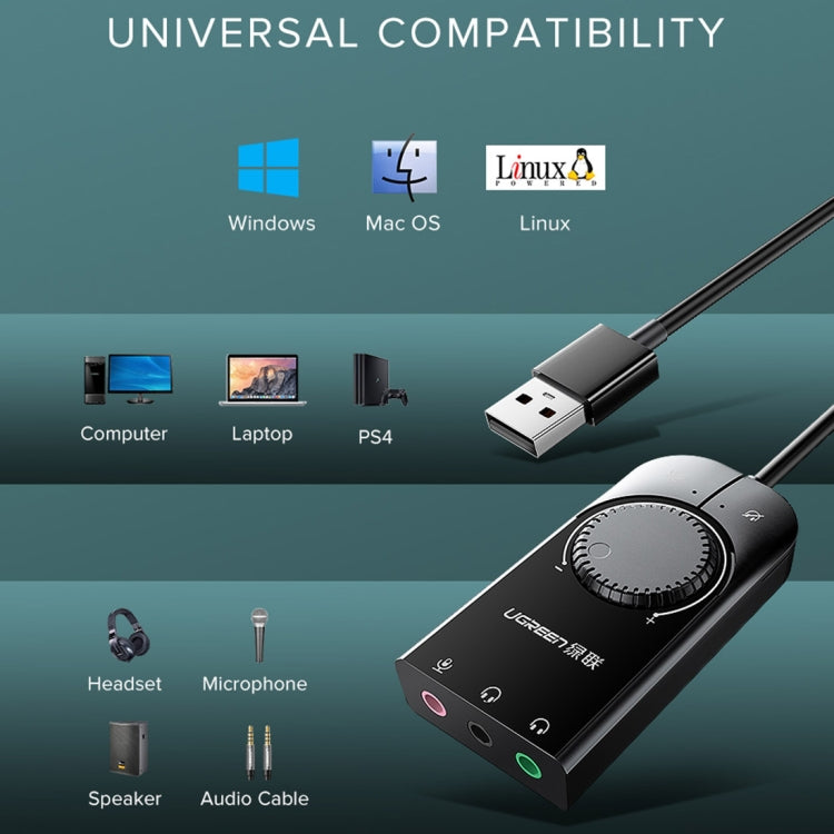 UGREEN CM109 USB to 3-ports 3.5mm Computer External Audio Card with Volume Adjustment Wheel, Length: 15cm - free shipping - PMC Jewellery - Order now!