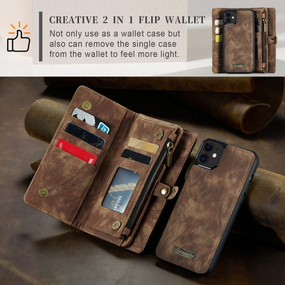 For iPhone 11 CaseMe-008 Detachable Multifunctional Horizontal Flip Leather Case with Card Slot & Holder & Zipper Wallet & Photo Frame (Brown)