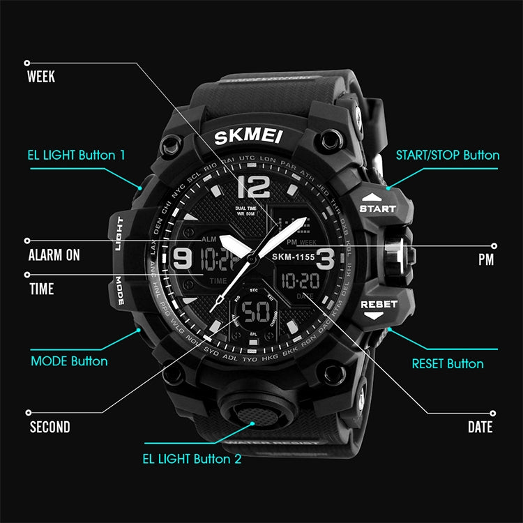SKMEI 1155B Multifunctional Men Outdoor Sports Noctilucent Waterproof Large Dial Wrist Watch(Denim Black) - free shipping - PMC TechLife - Order now!