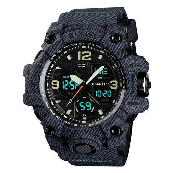 SKMEI 1155B Multifunctional Men Outdoor Sports Noctilucent Water-resistant Large Dial Wrist Watch(Denim Black)