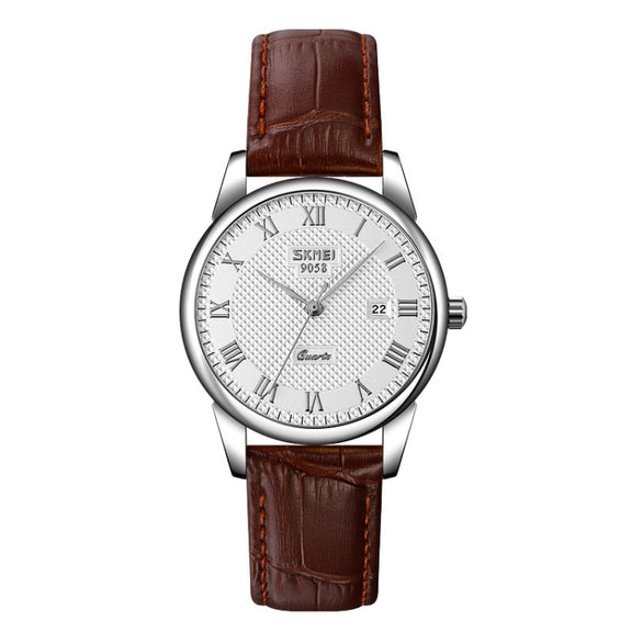 SKMEI 9058 Multifunctional Outdoor Fashion Water-resistant Silver Shell Quartz Wrist Watch (Women Style Silver Face Brown Strap)