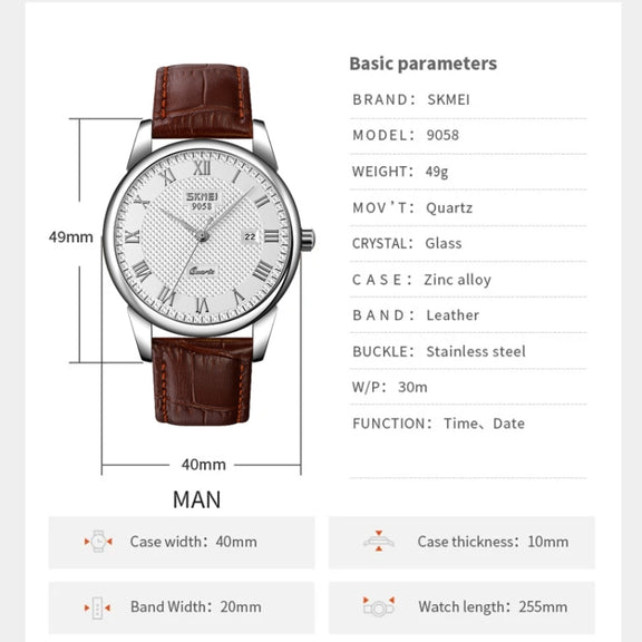SKMEI 9058 Multifunctional Outdoor Fashion Water-resistant Silver Shell Quartz Wrist Watch (Men Style Silver Face Brown Strap)