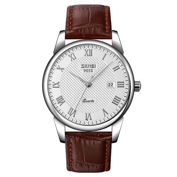 SKMEI 9058 Multifunctional Outdoor Fashion Water-resistant Silver Shell Quartz Wrist Watch (Men Style Silver Face Brown Strap)