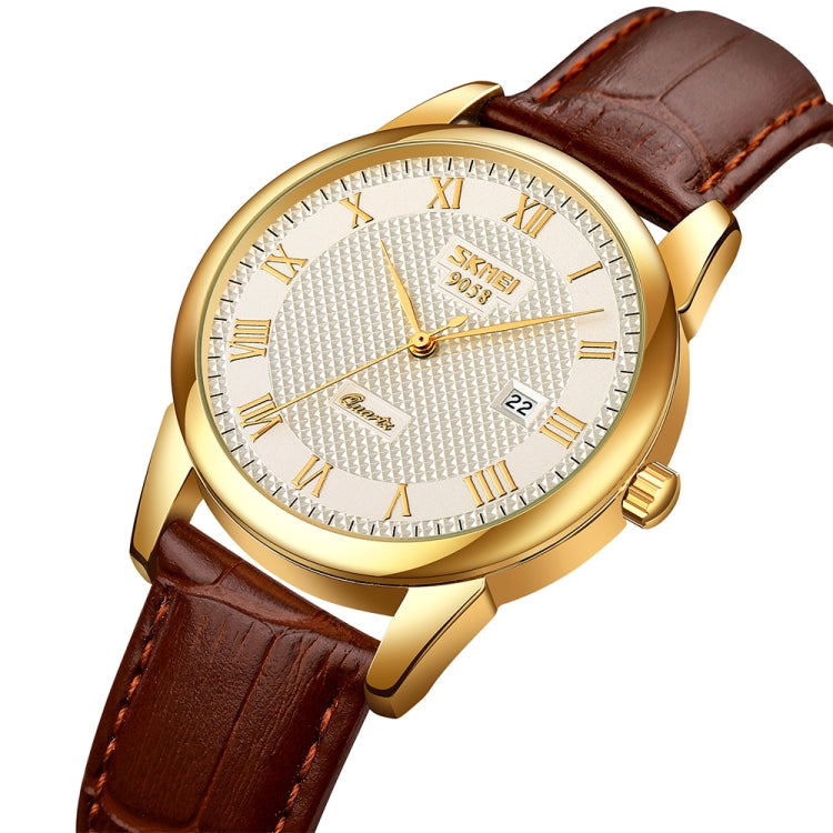 SKMEI 9058 Multifunctional Outdoor Fashion Water-resistant Gold Shell Quartz Wrist Watch(Women Style Silver Face Brown Strap)