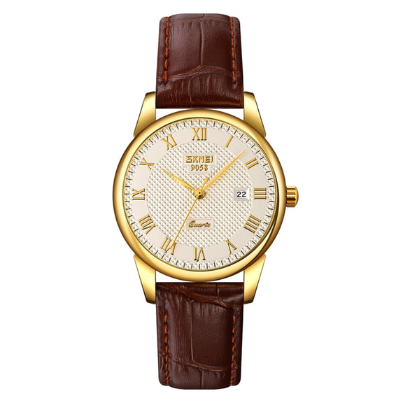 SKMEI 9058 Multifunctional Outdoor Fashion Water-resistant Gold Shell Quartz Wrist Watch(Women Style Silver Face Brown Strap)