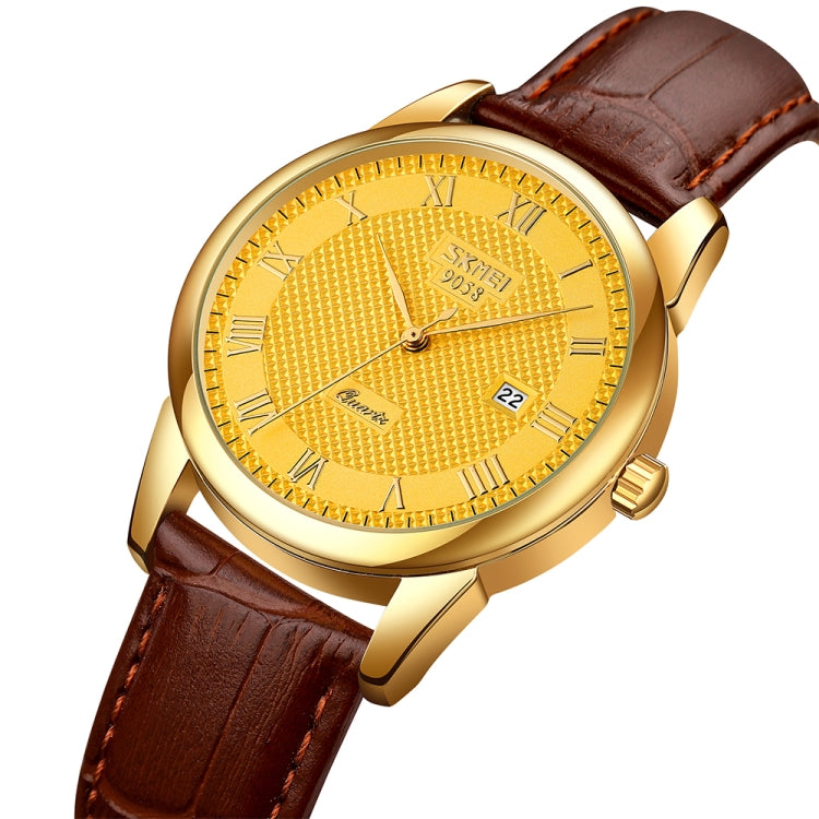 SKMEI 9058 Multifunctional Outdoor Fashion Water-resistant Gold Shell Quartz Wrist Watch(Women Style Gold Face Brown Strap)
