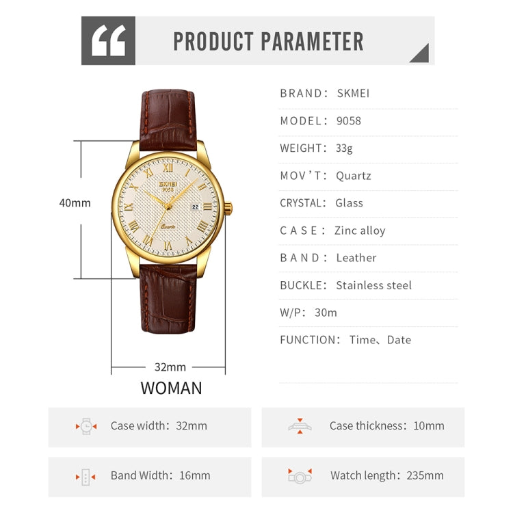SKMEI 9058 Multifunctional Outdoor Fashion Water-resistant Gold Shell Quartz Wrist Watch(Women Style Gold Face Brown Strap)