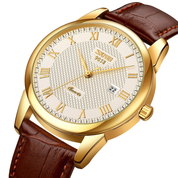 SKMEI 9058 Multifunctional Outdoor Fashion Water-resistant Gold Shell Quartz Wrist Watch(Men Style Silver Face Brown Strap)