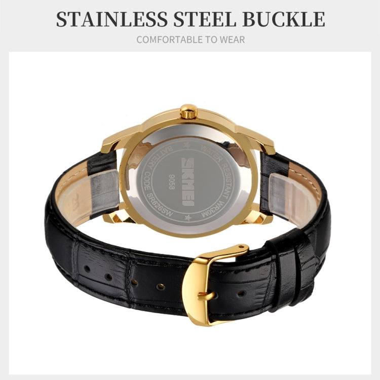 SKMEI 9058 Multifunctional Outdoor Fashion Water-resistant Gold Shell Quartz Wrist Watch(Men Style Silver Face Brown Strap)