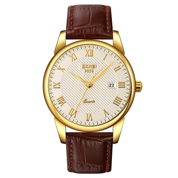 SKMEI 9058 Multifunctional Outdoor Fashion Water-resistant Gold Shell Quartz Wrist Watch(Men Style Silver Face Brown Strap)