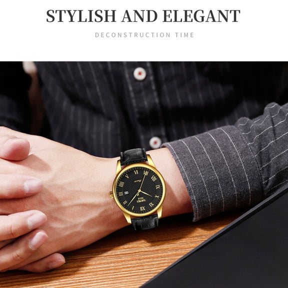 SKMEI 9058 Multifunctional Outdoor Fashion Water-resistant Gold Shell Quartz Wrist Watch(Men Style Silver Face Brown Strap)