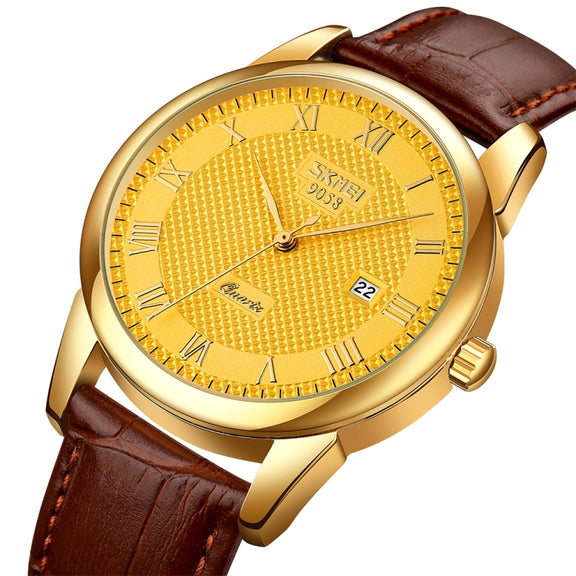 SKMEI 9058 Multifunctional Outdoor Fashion Water-resistant Gold Shell Quartz Wrist Watch(Men Style Gold Face Brown Strap)