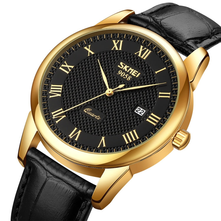 SKMEI 9058 Multifunctional Outdoor Fashion Water-resistant Gold Shell Quartz Wrist Watch(Men Style Black Face Black Strap)