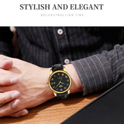 SKMEI 9058 Multifunctional Outdoor Fashion Water-resistant Gold Shell Quartz Wrist Watch(Men Style Black Face Black Strap)