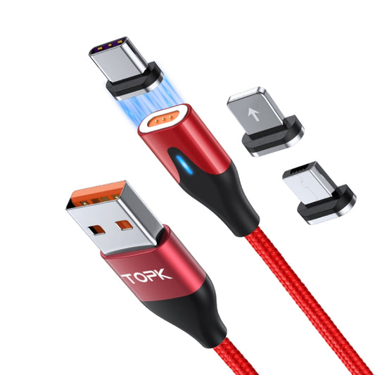 TOPK AM63 1m USB to 8 Pin + USB-C / Type-C + Micro USB 3 in 1 Flat Magnetic Metal Connector Nylon Braided Magnetic Fast Charging Data Cable(Red) - Charging Cable & Head by TOPK | Online Shopping South Africa | PMC Jewellery | Buy Now Pay Later Mobicred