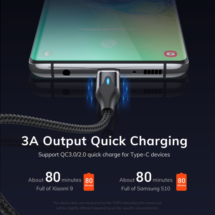 TOPK AM63 1m USB to 8 Pin + USB-C / Type-C + Micro USB 3 in 1 Flat Magnetic Metal Connector Nylon Braided Magnetic Fast Charging Data Cable(Black)
