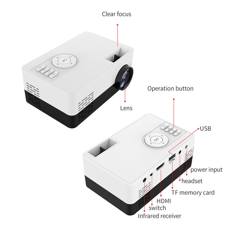 J15 1920 x 1080P HD Household Mini LED Projector with Tripod Mount Support AV / HDMI x 1 / USB x1 / TF x 1, Plug Type:US Plug(Black White)