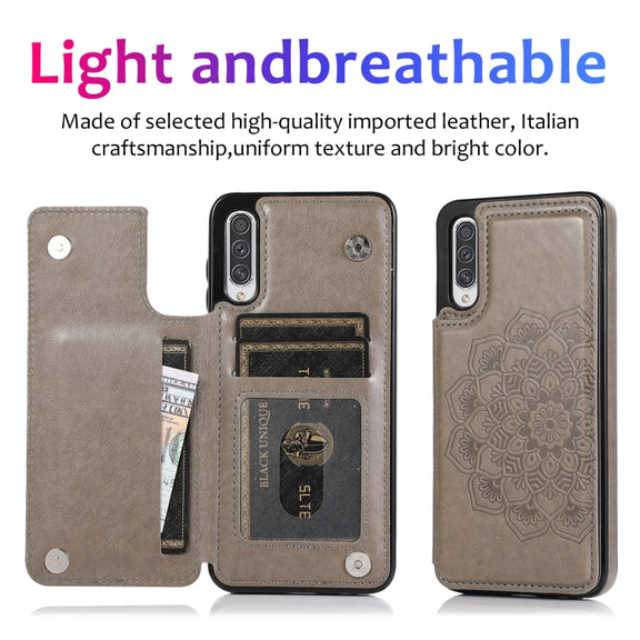 For Samsung Galaxy A50 / A50s Double Buckle Mandala Pattern PU+TPU Protective Case with Card Slots & Holder & Photo Frame(Grey)