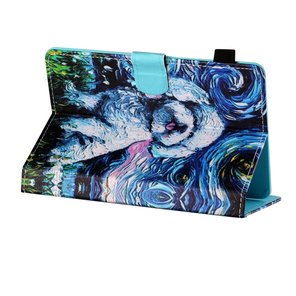 For 10 inch Tablet PC Universal Sewing Thread Horizontal Painted Flat Leather Case with Pen Cover & Anti Skid Strip & Card Slot & Holder(Oil Painting Dog)