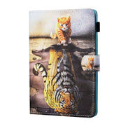 For 10 inch Tablet PC Universal Sewing Thread Horizontal Painted Flat Leather Case with Pen Cover & Anti Skid Strip & Card Slot & Holder(Cat And Tiger)