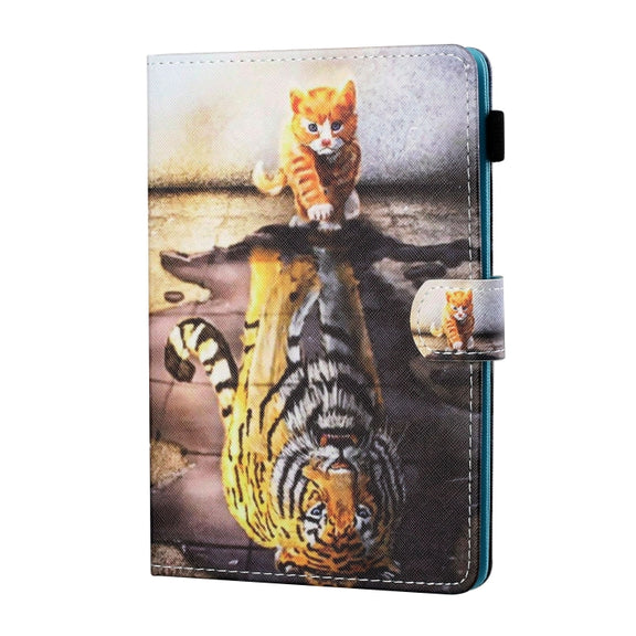 For 10 inch Tablet PC Universal Sewing Thread Horizontal Painted Flat Leather Case with Pen Cover & Anti Skid Strip & Card Slot & Holder(Cat And Tiger)
