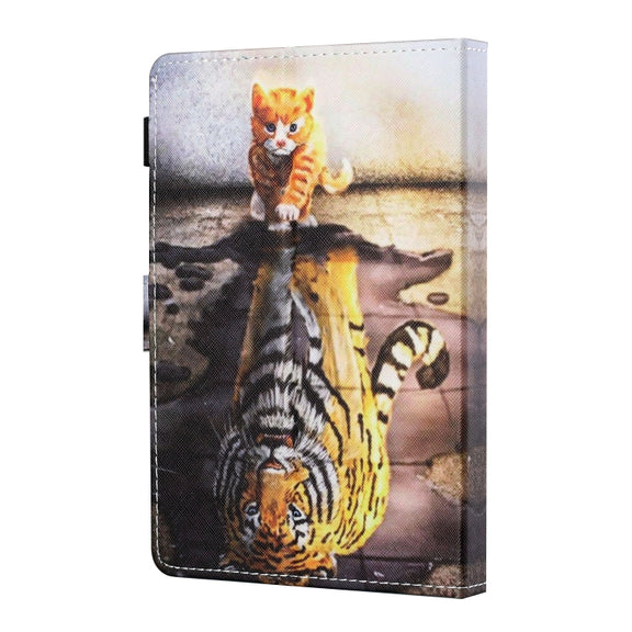 For 10 inch Tablet PC Universal Sewing Thread Horizontal Painted Flat Leather Case with Pen Cover & Anti Skid Strip & Card Slot & Holder(Cat And Tiger)