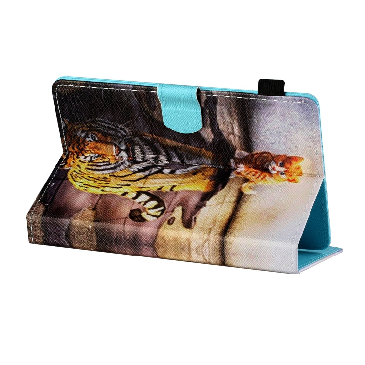 For 10 inch Tablet PC Universal Sewing Thread Horizontal Painted Flat Leather Case with Pen Cover & Anti Skid Strip & Card Slot & Holder(Cat And Tiger)
