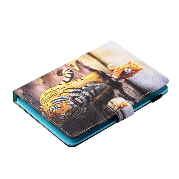 For 10 inch Tablet PC Universal Sewing Thread Horizontal Painted Flat Leather Case with Pen Cover & Anti Skid Strip & Card Slot & Holder(Cat And Tiger)
