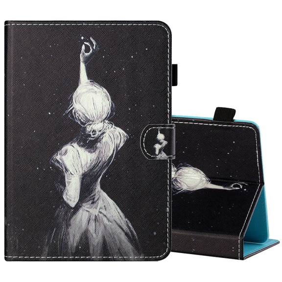 For 10 inch Tablet PC Universal Sewing Thread Horizontal Painted Flat Leather Case with Pen Cover & Anti Skid Strip & Card Slot & Holder(Star Girl)