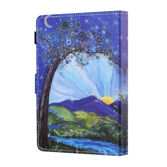 For 10 inch Tablet PC Universal Sewing Thread Horizontal Painted Flat Leather Case with Pen Cover & Anti Skid Strip & Card Slot & Holder(Sunrise With Tree)