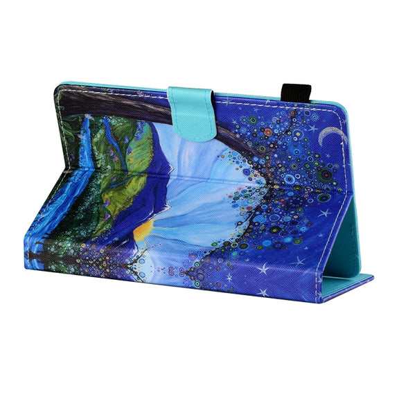 For 10 inch Tablet PC Universal Sewing Thread Horizontal Painted Flat Leather Case with Pen Cover & Anti Skid Strip & Card Slot & Holder(Sunrise With Tree)