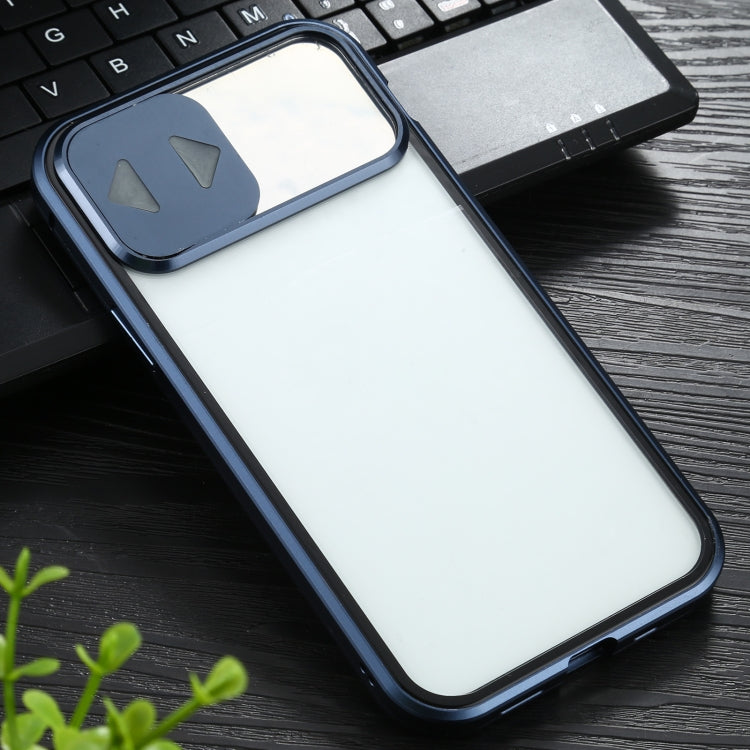 For iPhone 12 / 12 Pro Sliding Lens Cover Mirror Design Four-corner Shockproof Magnetic Metal Frame Double-sided Tempered Glass Case(Blue)