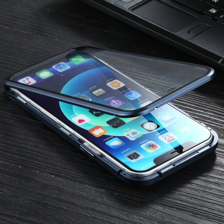 For iPhone 12 / 12 Pro Sliding Lens Cover Mirror Design Four-corner Shockproof Magnetic Metal Frame Double-sided Tempered Glass Case(Blue)